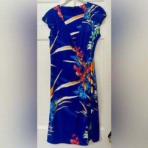 Alfani M Faux Wrap Dress Blue Vibrant Tropical Floral Print Gold buckle packable